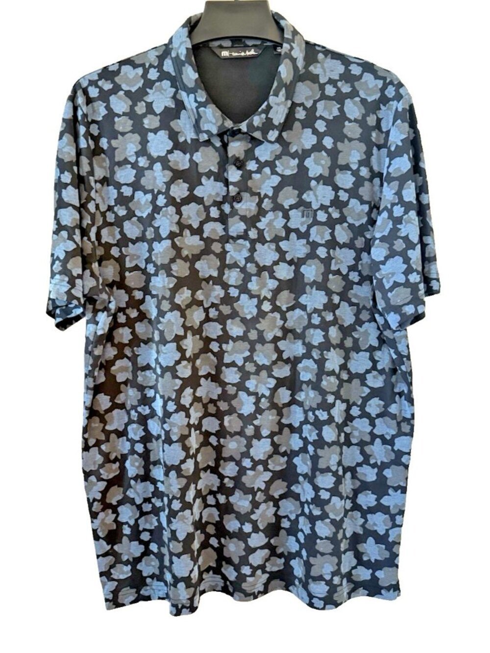 TravisMathew Men's 2XL Floral Camo Golf Polo Shirt Black Blue Short Sleeve Top